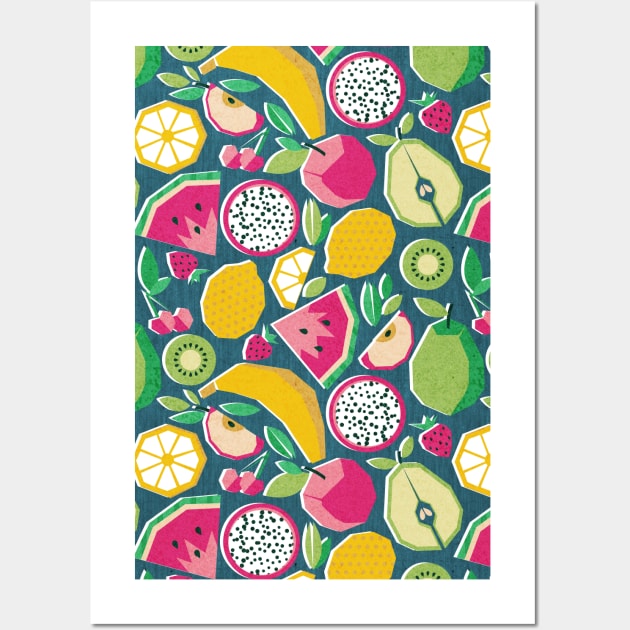 Paper cut geo fruits // pattern // teal background Wall Art by SelmaCardoso